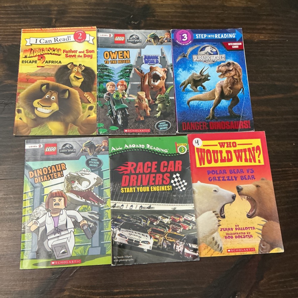 Kids Early Reader Book Lot 6pc LEGO‎ Jurassic World Madagascar Who Would Win 2-4